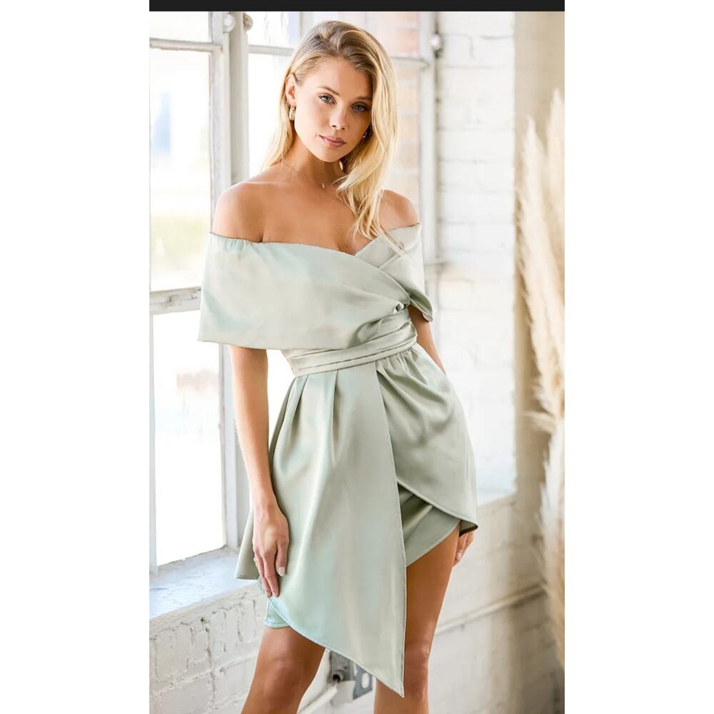 Lulu's Sage Green Satin Off the Shoulder Mini Dress Sz M